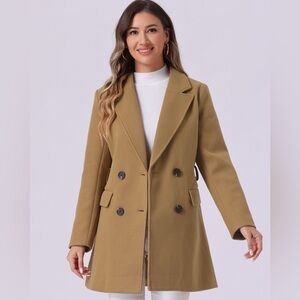 Allegra K Camel Colored Notch Lapel Belted Mid Long Outwear Winter Coat Size XL